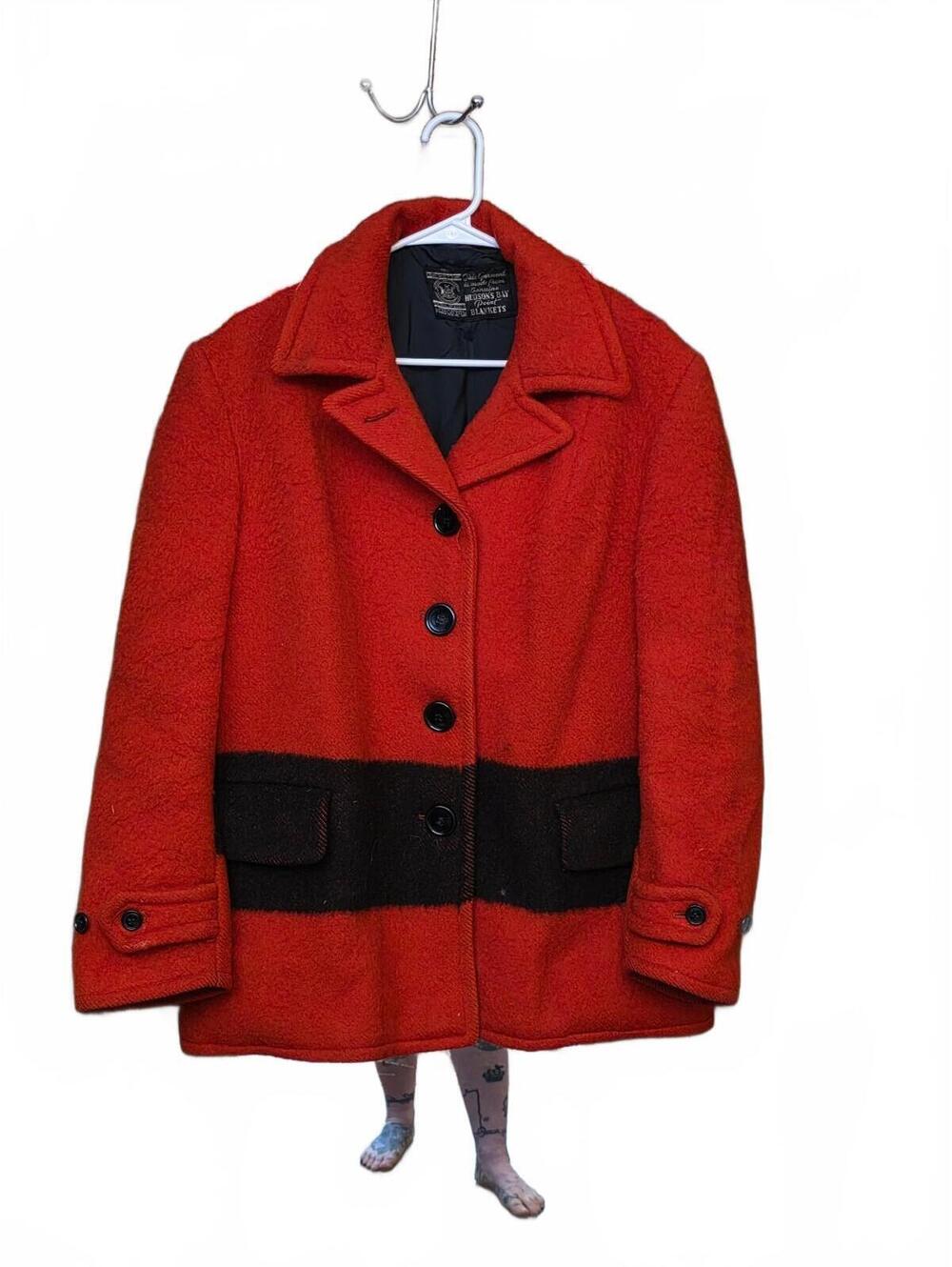 Vintage 1950s Red & Black Hudson's Bay Point Blanket Wool Coat Women's Sz L